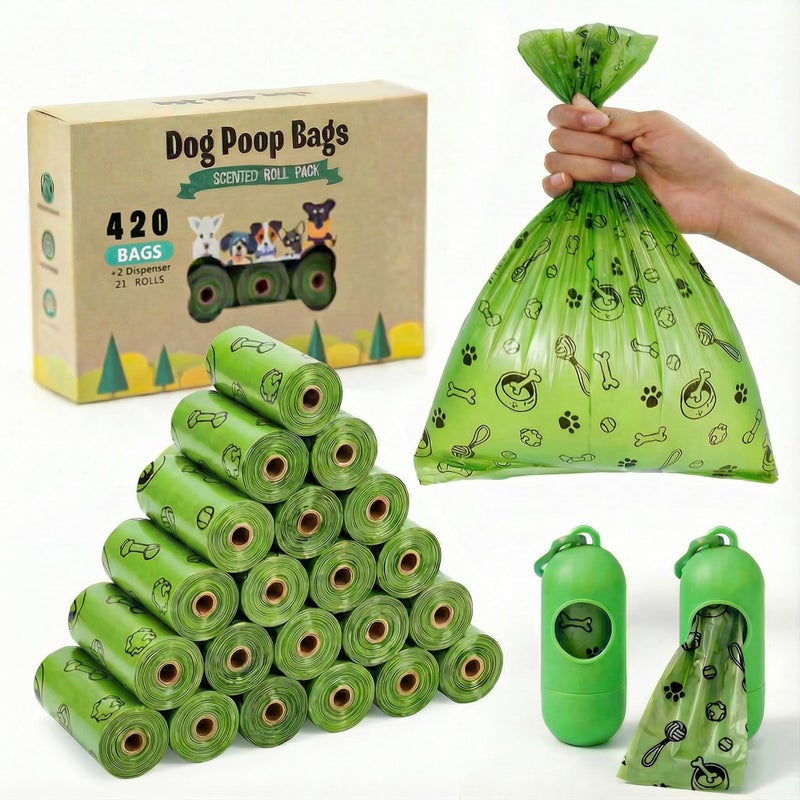 TVOOD Dog Poop Bags Rolls 420 Counts: TVOOD Extra Thick Poop Bags for Dogs Leak-proof Scented Pet Waste Bags for Doggie Poo - with 2 Dispenser, Green - Image 1
